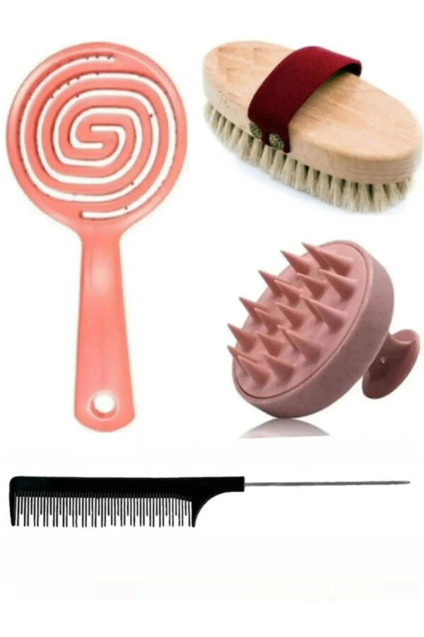 Natural Horsehair Brush 3D Comb Hair Massage Shaped Comb 4 Piece Set - 1