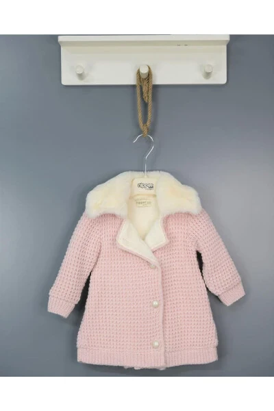 Natural Lamb Wool Organic Baby Cardigan with Fur Collar and Ribbon, Pink (Baby Cardigan) - XOMINI