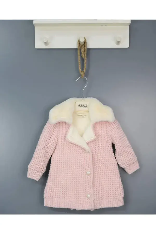 Natural Lamb Wool Organic Baby Cardigan with Fur Collar and Ribbon, Pink (Baby Cardigan) - 1