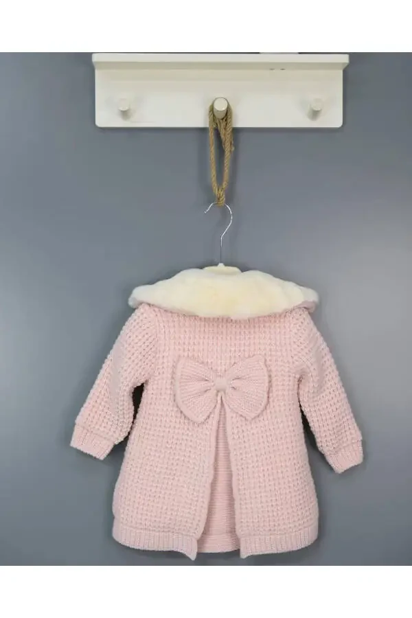 Natural Lamb Wool Organic Baby Cardigan with Fur Collar and Ribbon, Pink (Baby Cardigan) - 2