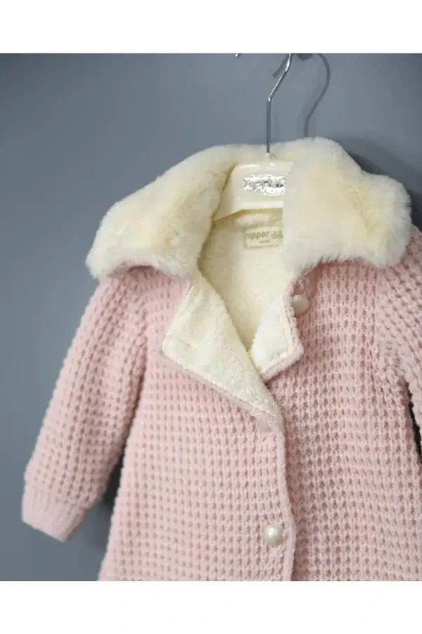 Natural Lamb Wool Organic Baby Cardigan with Fur Collar and Ribbon, Pink (Baby Cardigan) - 3