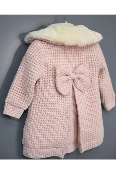 Natural Lamb Wool Organic Baby Cardigan with Fur Collar and Ribbon, Pink (Baby Cardigan) - 4