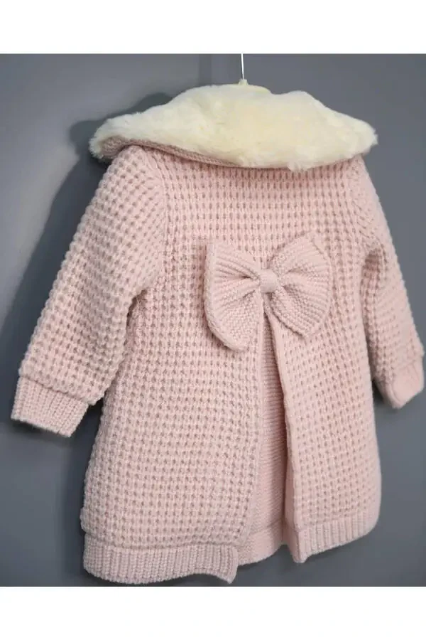 Natural Lamb Wool Organic Baby Cardigan with Fur Collar and Ribbon, Pink (Baby Cardigan) - 4
