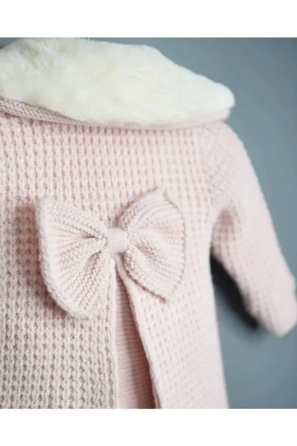 Natural Lamb Wool Organic Baby Cardigan with Fur Collar and Ribbon, Pink (Baby Cardigan) - 5