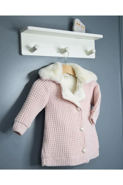 Natural Lamb Wool Organic Baby Cardigan with Fur Collar and Ribbon, Pink (Baby Cardigan) - 6