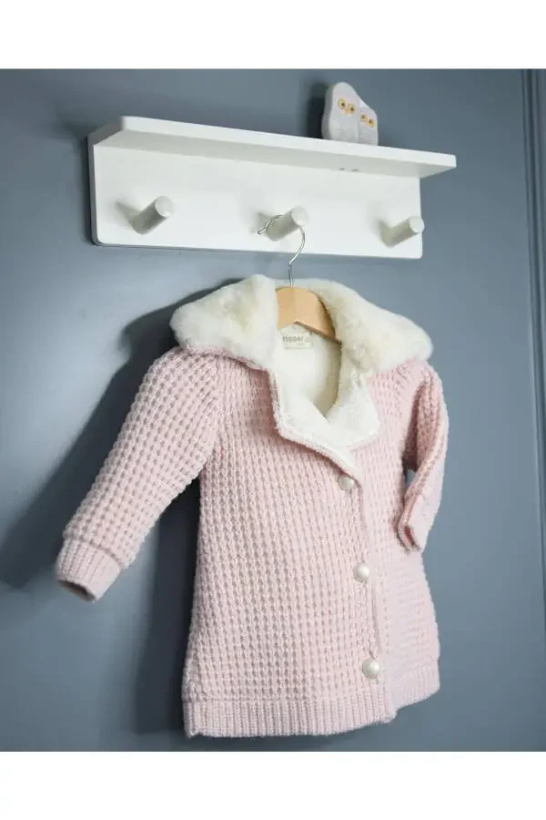 Natural Lamb Wool Organic Baby Cardigan with Fur Collar and Ribbon, Pink (Baby Cardigan) - 6
