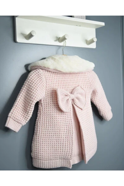 Natural Lamb Wool Organic Baby Cardigan with Fur Collar and Ribbon, Pink (Baby Cardigan) - 7