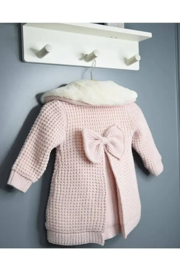 Natural Lamb Wool Organic Baby Cardigan with Fur Collar and Ribbon, Pink (Baby Cardigan) - 7