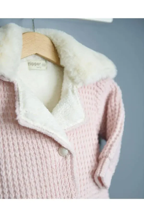 Natural Lamb Wool Organic Baby Cardigan with Fur Collar and Ribbon, Pink (Baby Cardigan) - 8