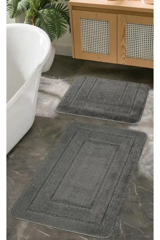 Natural Non-Slip Base Bath Mat Set Long Lasting Soft Touch Water Absorbent Washable Set 50x80-50x40-Anthracite - KONFOR HALI
