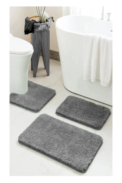 Natural Non-Slip Base Washable Grey Shaggy 3-Piece Bathroom Rug Mat Set 1 pc 60x100 cm 2 pcs 60x50 - 6