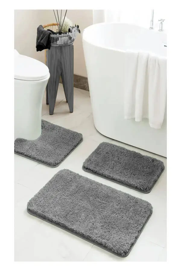 Natural Non-Slip Base Washable Grey Shaggy 3-Piece Bathroom Rug Mat Set 1 pc 60x100 cm 2 pcs 60x50 - 6
