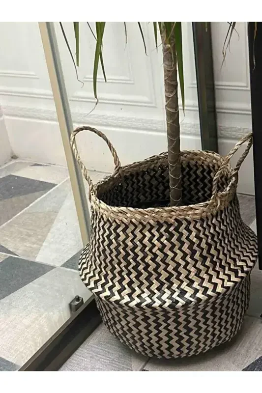 Natural Small Boy Foldable Straw Basket / Planter 30x28cm-zigzag - 2