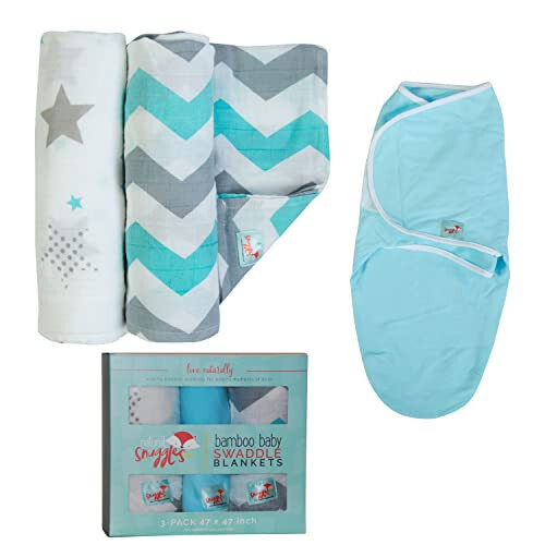 Natural Snuggles Newborn Bamboo Rayon Swaddle Wraps | Baby Receiving Blankets 3 pk: Wrap & 2 Muslin Square Blankets - Light Blue & Grey Chevron Stripes & Stars - 1