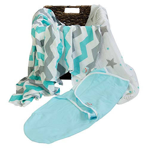 Natural Snuggles Newborn Bamboo Rayon Swaddle Wraps | Baby Receiving Blankets 3 pk: Wrap & 2 Muslin Square Blankets - Light Blue & Grey Chevron Stripes & Stars - 3