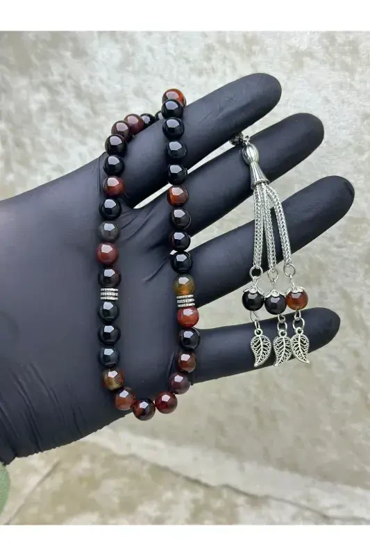 Natural Stone Black and Red Agate Rosary 8mm Single Shot-BLACK RED - 1