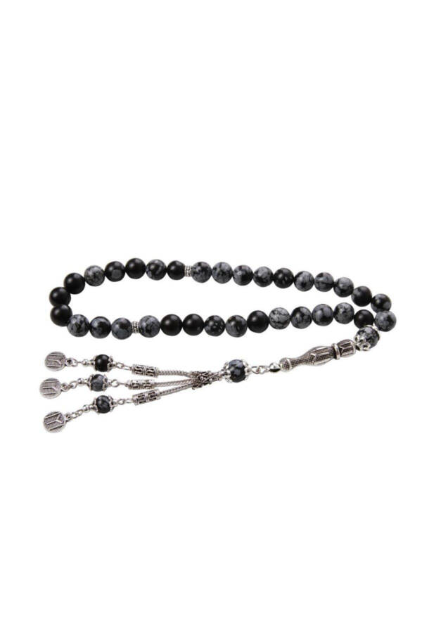 Natural stone obsidian bead prayer beads with tassel. - 1