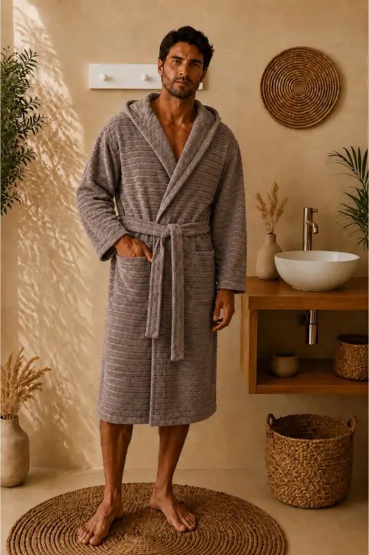 Natural Unisex Kapşonlu Kendinden Desenli Büyük Beden Bornoz - Latte - 1