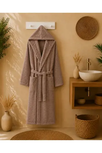 Natural Unisex Kapşonlu Kendinden Desenli Büyük Beden Bornoz - Latte - 3