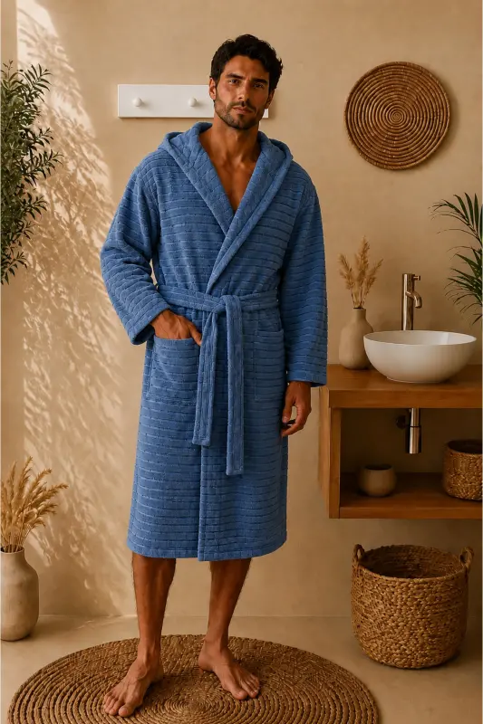 Natural Unisex Kapşonlu Kendinden Desenli Büyük Beden Bornoz - Mavi - 1