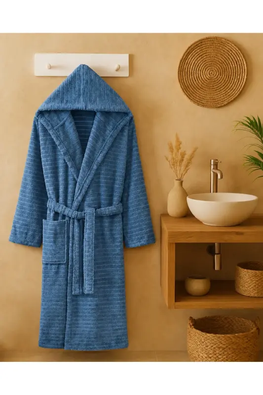Natural Unisex Kapşonlu Kendinden Desenli Büyük Beden Bornoz - Mavi - 3