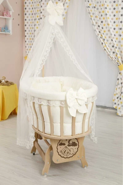 Natural Wood Basket Cradle with Sleeping Set (Cream French Lace Sleeping Set Included) 0-1 Age - BEBEK ON FOR