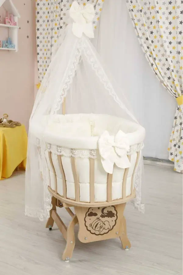 Natural Wood Basket Cradle with Sleeping Set (Cream French Lace Sleeping Set Included) 0-1 Age - 1