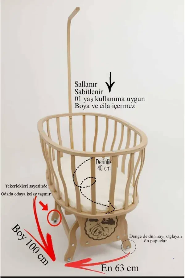 Natural Wood Basket Cradle with Sleeping Set (Cream French Lace Sleeping Set Included) 0-1 Age - 2