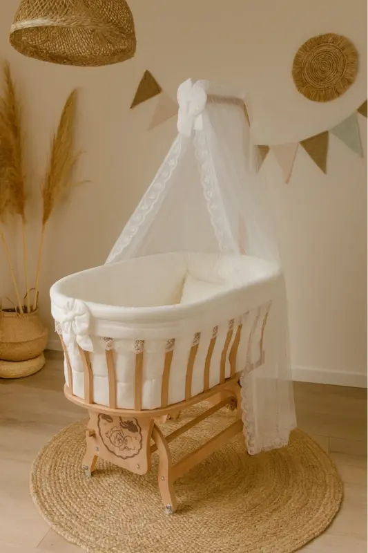 Natural Wood Basket Cradle with Sleeping Set (Cream French Lace Sleeping Set Included) 0-1 Age - 3