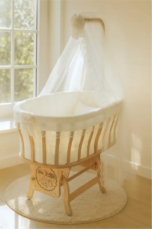 Natural Wood Basket Cradle with Sleeping Set (Cream French Lace Sleeping Set Included) 0-1 Age - 4