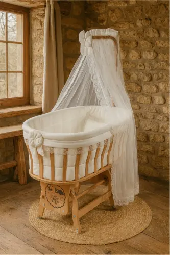 Natural Wood Basket Cradle with Sleeping Set (Cream French Lace Sleeping Set Included) 0-1 Age - 5