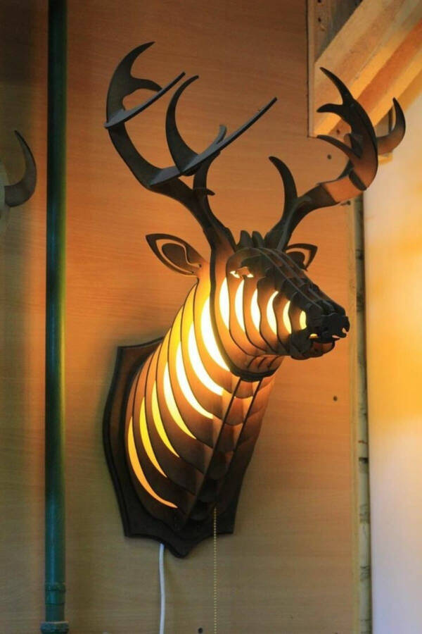 Natural Wood Mdf Laser Cut Rustic Living Room Wall Sconce with Deer Head Design - 1