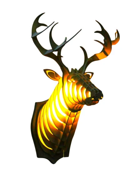 Natural Wood Mdf Laser Cut Rustic Living Room Wall Sconce with Deer Head Design - HÜ MA TASARIM VE AKSESUAR