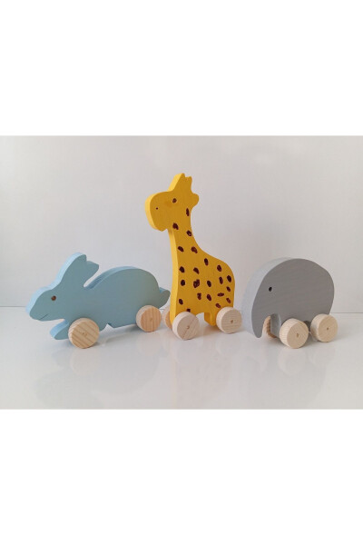 Natural Wooden Giraffe - Elephant - Rabbit Car Wheeled Animal Figured THREE SET Toy Decorative - 5