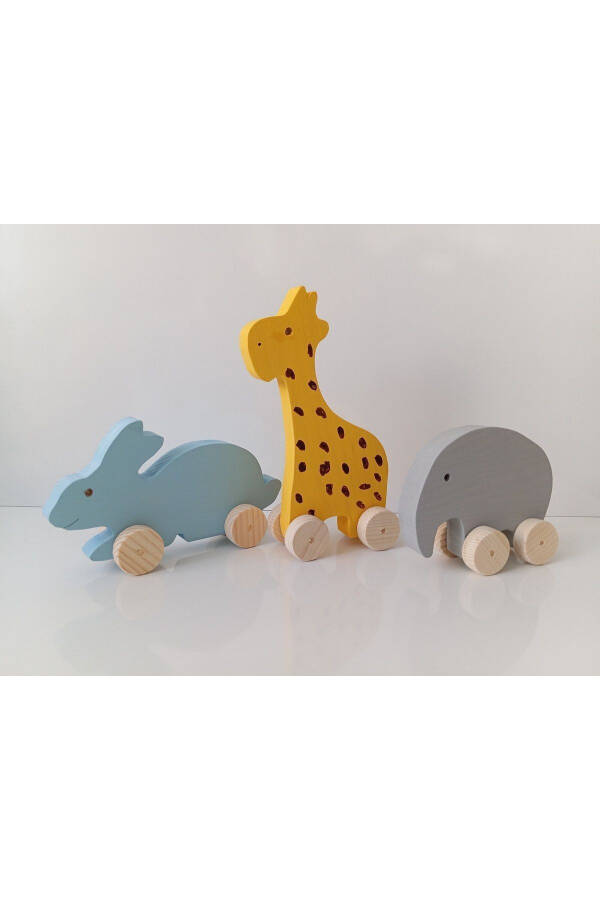 Natural Wooden Giraffe - Elephant - Rabbit Car Wheeled Animal Figured THREE SET Toy Decorative - 5