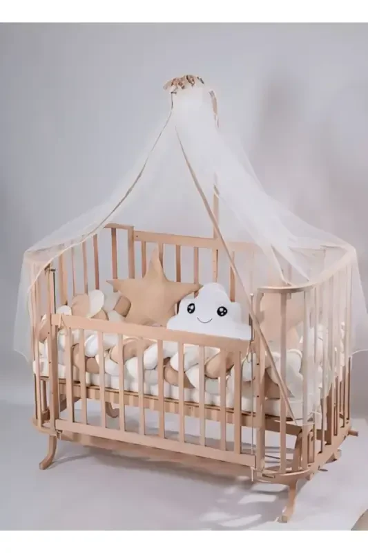 Natural Wooden Mabela Beside Crib Knitted Coffee Cream Set Liftable 3-Level 0-5 Years 72x124-WOOD - BEBEK ON FOR