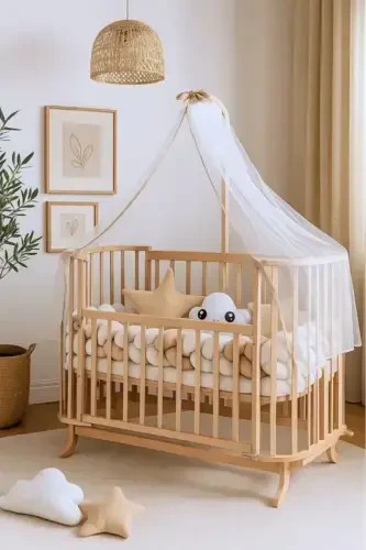 Natural Wooden Mabela Beside Crib Knitted Coffee Cream Set Liftable 3-Level 0-5 Years 72x124-WOOD - 3