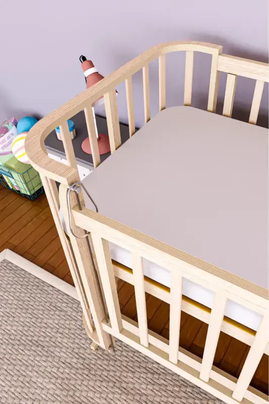 Natural Wooden Mabela Beside Crib Knitted Coffee Cream Set Liftable 3-Level 0-5 Years 72x124-WOOD - 4