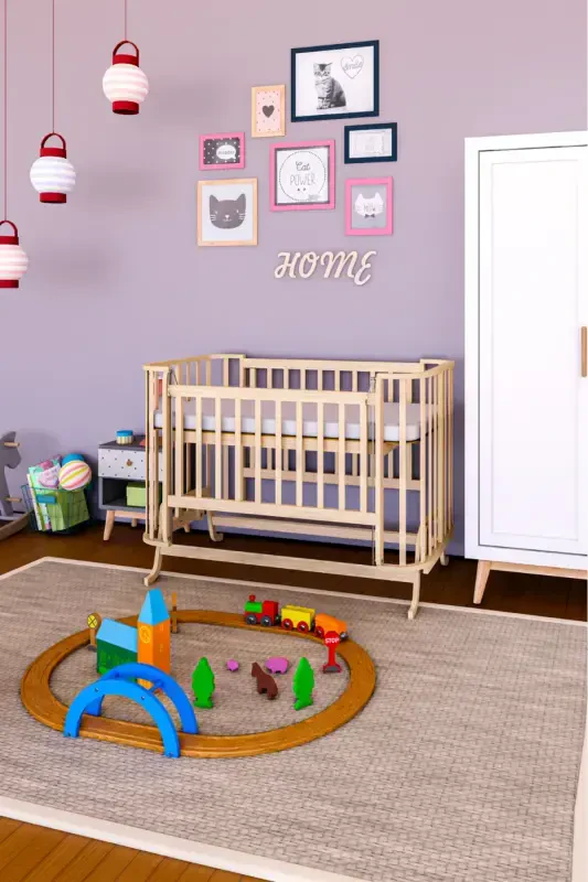 Natural Wooden Mabela Beside Crib Knitted Coffee Cream Set Liftable 3-Level 0-5 Years 72x124-WOOD - 6