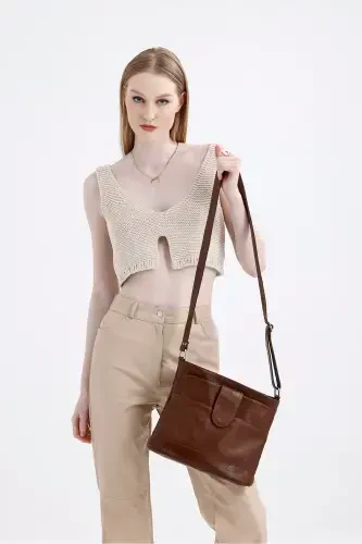 Натуральная кожа Crossbody почтальонская сумка - Kroko Кофе - 1