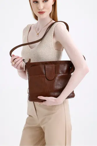 Натуральная кожа Crossbody почтальонская сумка - Kroko Кофе - FUBILEATHER (1)