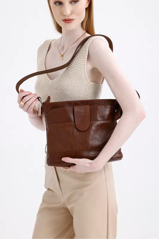 Натуральная кожа Crossbody почтальонская сумка - Kroko Кофе - 2
