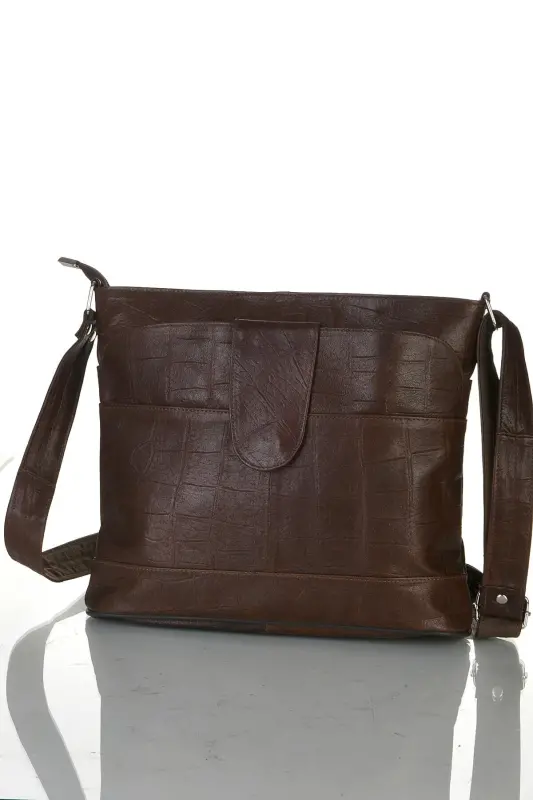 Натуральная кожа Crossbody почтальонская сумка - Kroko Кофе - 4