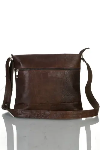 Натуральная кожа Crossbody почтальонская сумка - Kroko Кофе - 5