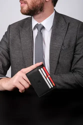 Натуральная Кожа Мужской Картхолдер Кошелек Rfid Защита Ручной Работы И Тонкий Дизайн Черный-Черный - 1