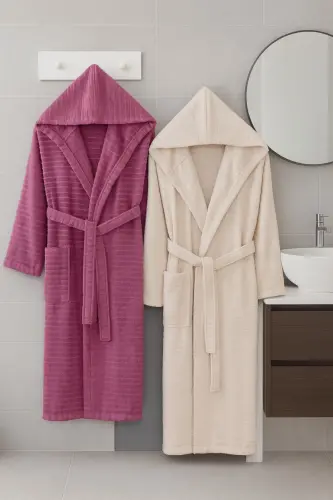 Nature Cotton Double Bathrobe Set - Plum - 5