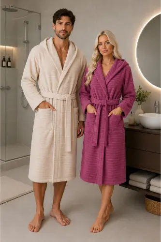 Nature Cotton Double Bathrobe Set - Plum - 1