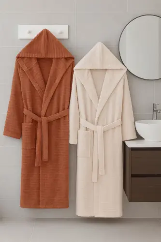 Nature Cotton Plus Size Double Bathrobe Set-Brick Red - 5