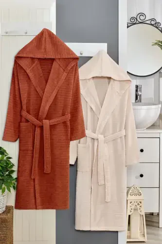 Nature Cotton Plus Size Double Bathrobe Set-Brick Red - 1