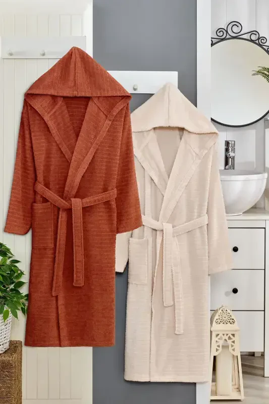 Nature Cotton Plus Size Double Bathrobe Set-Brick Red - STERNEN GLANZ